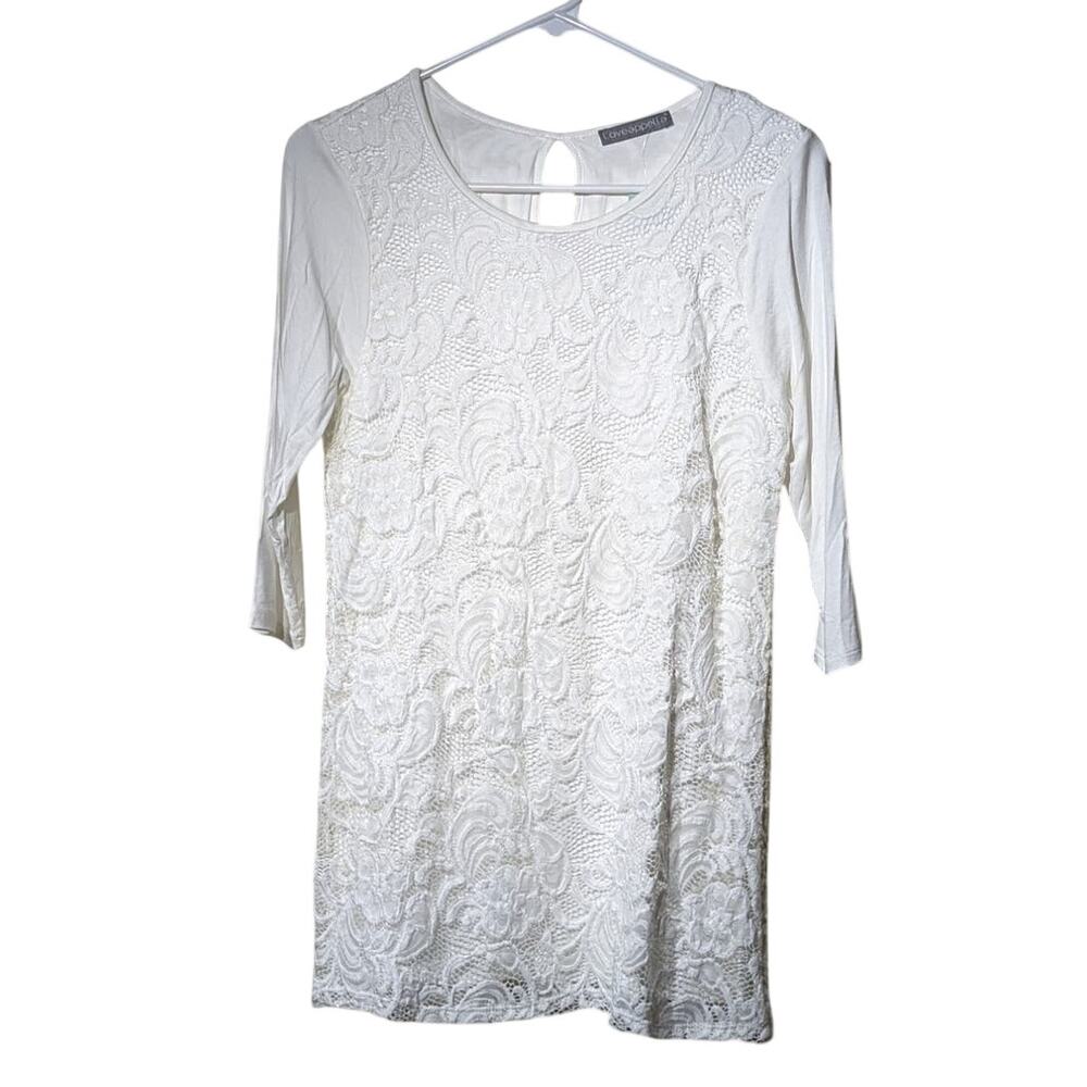 Loveappella NWT Stitch Fix Fifi Over Lay Lace Knit Top White Womens' Sz M